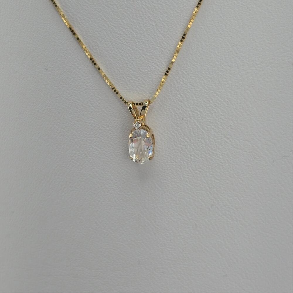 7MM Oval White Topaz, Diamond Pendant Necklace in 14K Polished Yellow Gold 18" - Picture 1 of 7